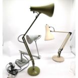 2 x vintage Anglepoise lamps t/w green anglepoise style lamp - grey lamp has dent to the shade