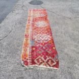 Hand made Kilim orange grounded runner / part of larger carpet - 380cm x 95cm ~ has fading 1 side
