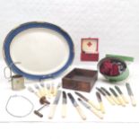 Vintage first aid kit, clock key, oval meat platter, cutlery, hat decoration box (with contents)