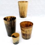 4 Assorted antique horn beakers, 1 with initial J F D, largest 13 cm high inscribed on base " ya",