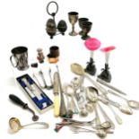 Miscellaneous items incl silver handled cheese knife, loose plated cutlery, leather tool etc