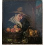 Dutch school painting on panel of fruit seller, unsigned mounted on a later frame, panel size 18cm x