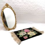 Chinese oriental wall rug with a floral design measuring 38cm x 30cm t/w an oval mirror featuring