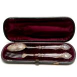 1880 (E/F) silver christening pair of fork / spoon in original fitted box (20cm) by Hilliard &