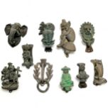 10 x antique brass door knockers inc elephant, owl, Buddha, pixies etc - largest 13.5cm