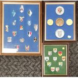 3 x framed displays of shields / badges / medallions inc fencing - largest frame 43.5cm x 33cm