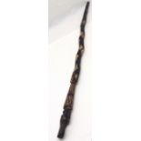 African hand carved staff with figural & snake detail - 119cm long