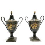 Japanned pair of antique pewter lidded urns with pineapple finials with British touch marks to