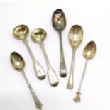 6 x silver spoons inc 1829 Georgian pair of mustard spoons with gilded bowls (11cm), Chester spoon