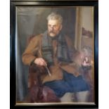 1954 large framed signed oil on canvas painting of a seated artist, annotated and dated to the