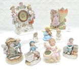 German porcelain mantle clock 18 cm high, 16 cm wide (not working) t/w various German figures and