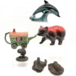 Staffordshire gypsy caravan teapot, Poole pottery dolphin 20cm high, red glazed bear etc. All with