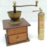 Vintage coffee grinder 28 cm high, 18 cm wide, marked Chasenclever, t/w brass Turkish brass grinder.