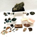 Collection of assorted rocks and minerals, a large piece of Pyrite on a base, assorted pieces of