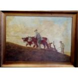 Large framed oil painting on canvas of 2 men ploughing signed Reichow - frame 115cm x 86cm