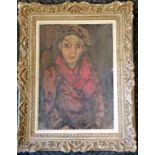 Framed signed oil painting of a young boy wearing a cap & scarf - 87cm x 69cm