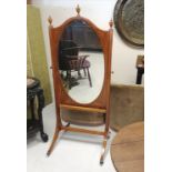 Antique satinwood dressing / cheval mirror on stand with tulipwood marquetry detail. one foot a/f.