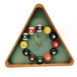 Novelty pool ball triangular wall clock with quartz movement - 52cm across x 46cm high