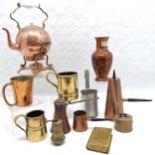 Copper spirit kettle on stand with burner, pint measure, t/w assorted tankards, chocolate pots