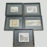 5 x framed signed etchings of asian scenes - frames 19.5cm x 16.5cm