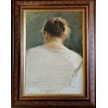 Framed 1977 oil painting on board of the back of the womans head by Ivan Antonovich Tikhiy (1927-82)