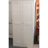 Antique white painted pine 2 door pantry cupboard, with fitted shelf interior, 92 cm wide, 198 cm