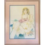 1991 framed mixed media painting of a seated semi naked lady by H Gobin - frame 79cm x 64cm