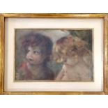 Framed oil on board painting (with glass front) of 2 young children - frame 45cm x 58.5cm