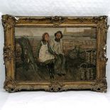 Large framed oil on panel painting of a fishing folk couple signed with monogram - frame 68.5cm x