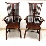 Pair of Antique Arts & Craft Mahogany, bow back chairs with turned spindle supports, centre having