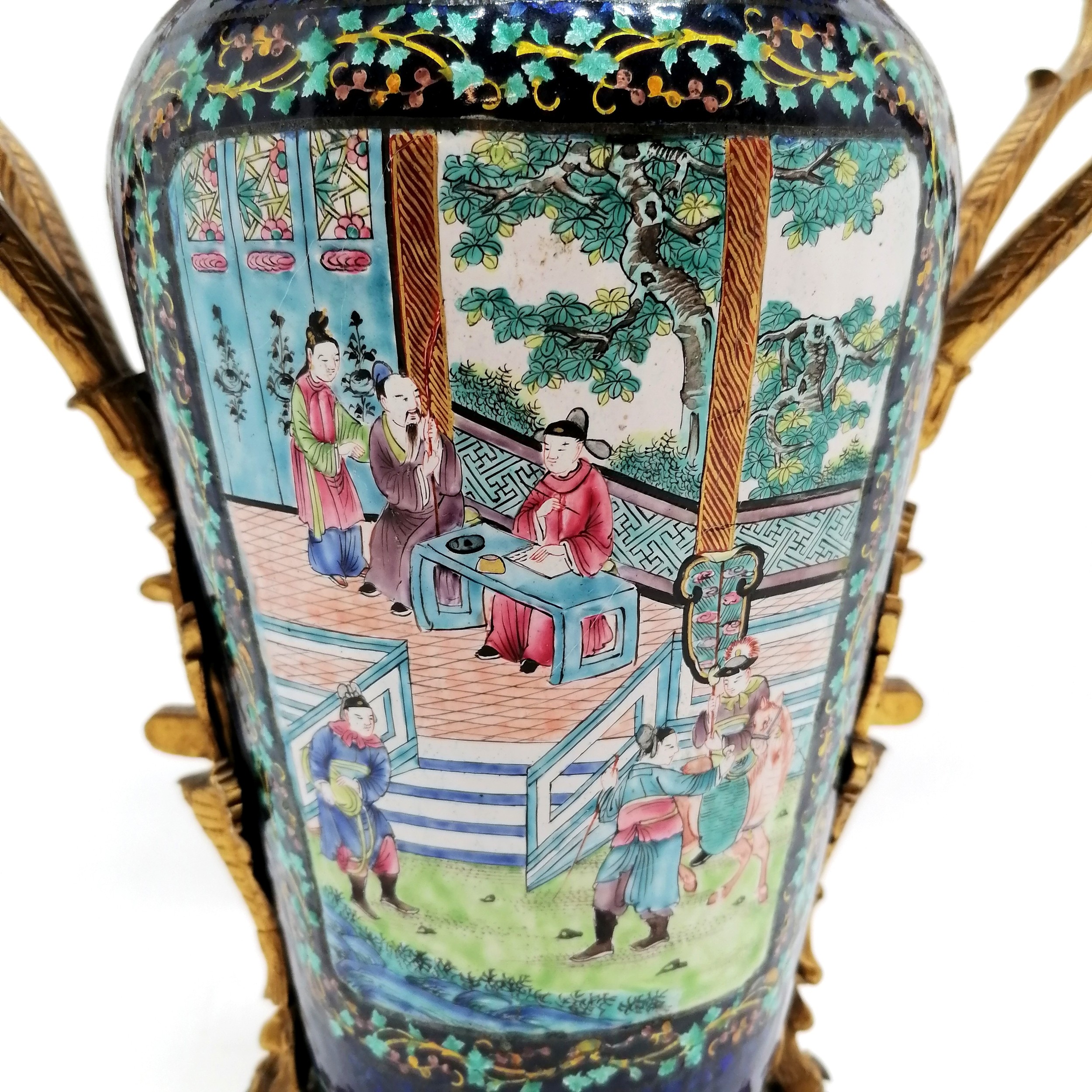 Antique Chinese Cantonese enamelled vase with French ormolu mounts - 35cm high missing it's lid - Image 5 of 8