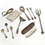 Qty of silver inc condiment spoons, bread fork, jam spoon, thistle topped pickle forks, spoon /