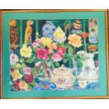Framed large contemporary watercolour of roses and a teapot signed Giltsoff by Natalie Giltsoff,