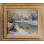 Framed painting on board of a pastoral snow scene by E D Haldimand - frame 32.5cm x 37cm