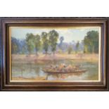Framed 1949 oil painting on canvas of a ferry, annotated and dated to the reverse - frame 40cm x