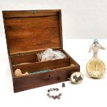 Sorrento ware sewing box measuring 23cm x 17cm x 7cm containing miniature thimble, scotty dog tape