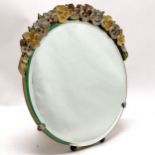 Antique circular Barbola mirror with carved and hand painted Pansy decoration 29cm high x 25cm