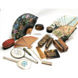 Oriental tortoiseshell dressing table set, 4 fans etc