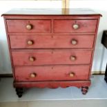 Victorian painted pine chest of 2 short and 3 long graduated drawers on turned legs, legs heavily
