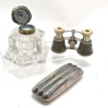 Silver plated cigar case with etched decoration 13cm x 5cm , bronze lidded inkwell and a pair of