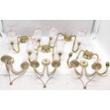 Collection of assorted wall lights, set of 3 cream with gilt highlights, t/w set of 4 brass wall