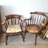 Antique captains chair T/W another antique spindle back armchair 62cm x 55cm x 90cm high- both in
