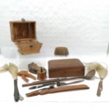 Collection of assorted tribal items to include a coconut spoon, fly swats and utensils etc t/w