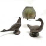 Pair of bronze ducks tallest 12cm high T/W an Eastern brass pot with unusual twist design 10cm high