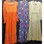 Three maxi dresses,, orange frilled chiffon 80cm bust, blue foral polyester dress 84cm bust t/w