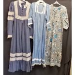 Three 1960s hippy style dresses, one denim blue trimmed with white cotton lace by Early Bird 76cm