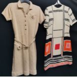 Two 1960s woolen dresses, beige dress with brass buttons with attached detail and belt 88cm bust t/w