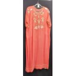 Loose fitting 1930s linen embroidered dress, small stain to front otherwise in good condition, 120cm