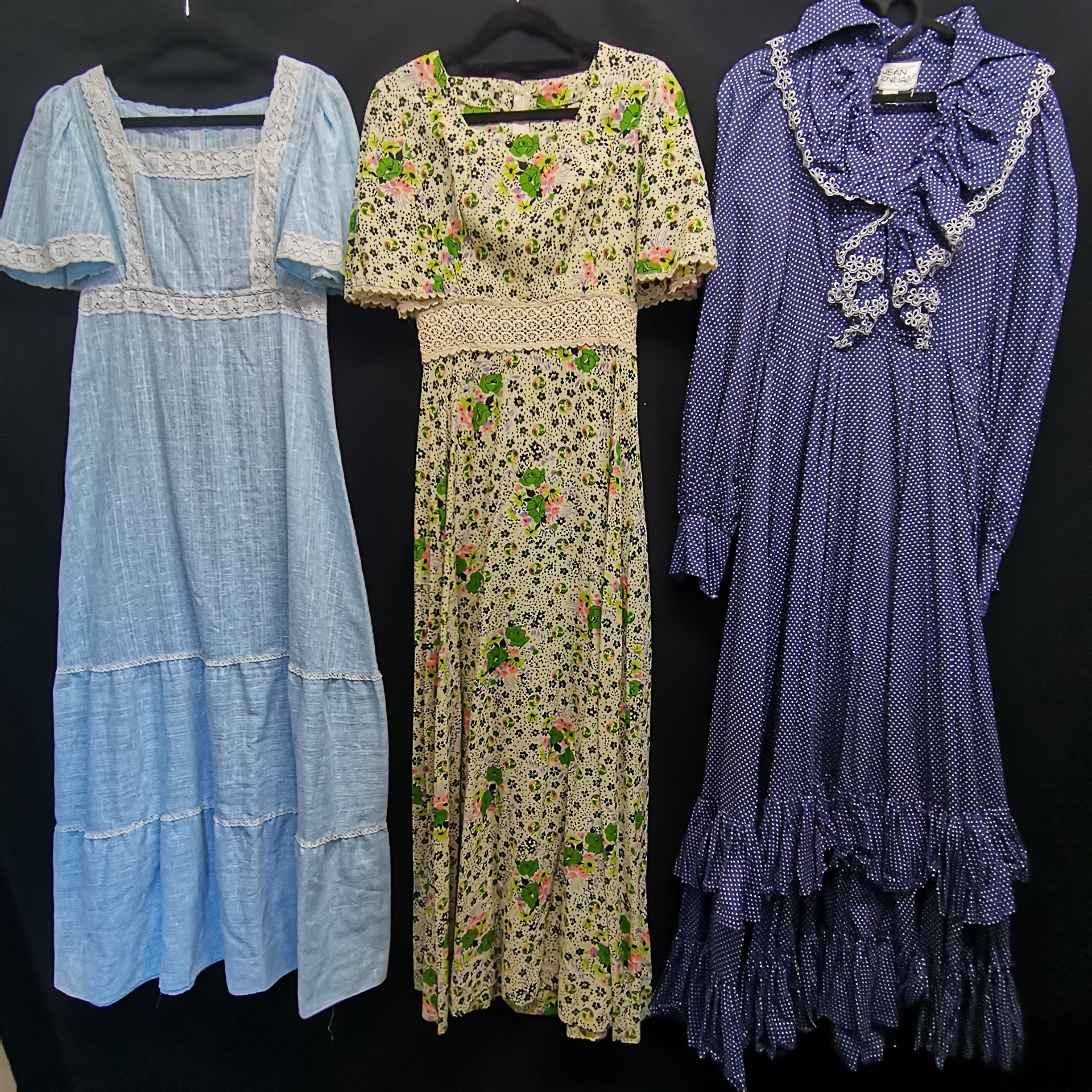 Three 1960s maxi dresses, pale blue poly cotton with cap sleeves 82 cm bust, green floral manmade