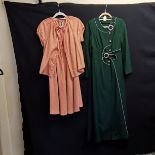 Green 1940s style heavy cotton coat dress, marks to front, 90cm bust t/w peach moygashel two piece